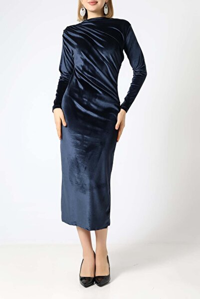 Sabr فستان ميدي مخملي نصف فيشر فستان بتجاعيد مجمّعة – فستان مخملي أنيق وراقي