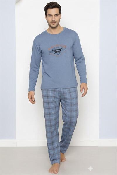 PEMBİŞ HOMEWEAR HALAT BASKILI AÇIK MAVİ UST EKOSE ALT Erkek Uzun Kol Pijama Takımı