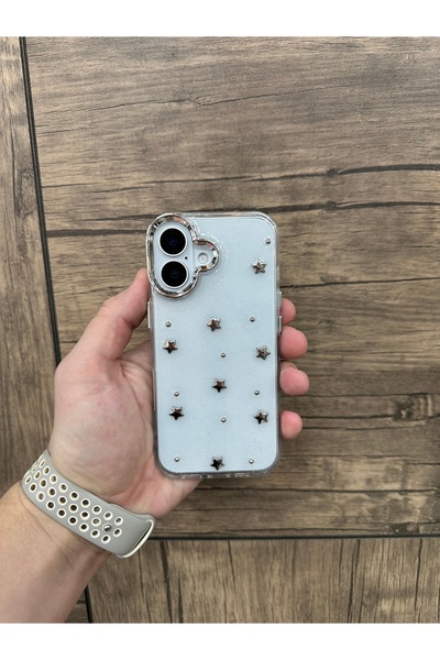 YZGOLDEN iPhone 17 Compatible Star Patterned Transparent Glitter Silver Camera Protruding Shiny Cover