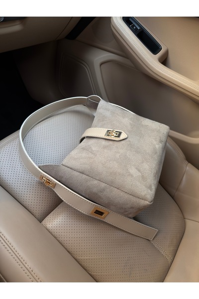 NOTHING Women's Suede Mink Gold Lock Detail Accessory Adjustable Lock Strap Handbag and Shoulder Bag