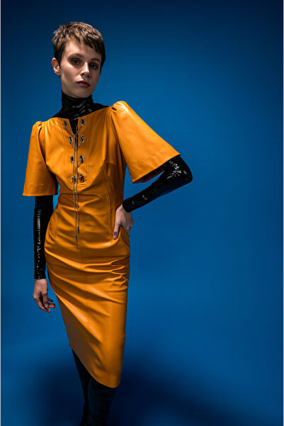 KAMEYA Hardal Deri Midi Elbise