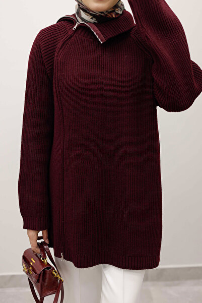 Tesettür Dünyası Zipper Detailed Knitwear Tunic Tsd250254 Claret Red
