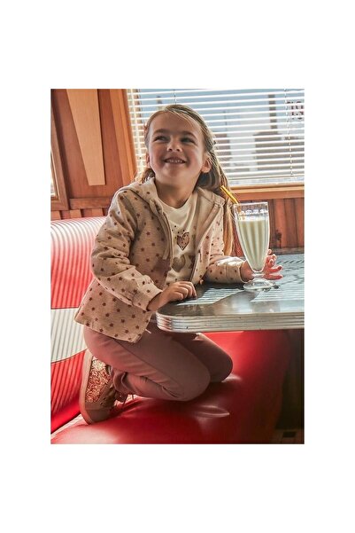 Kyex Girl's Powder Star Patterned Hooded Zippered Soft Inside Sh Fleece-Lined Sweatshirt Cardigan