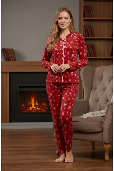 NOCHES PYJAMAS طقم بيجامة نسائية من جلد الغزال بنمط الثلج الأحمر مع أزرار كام...