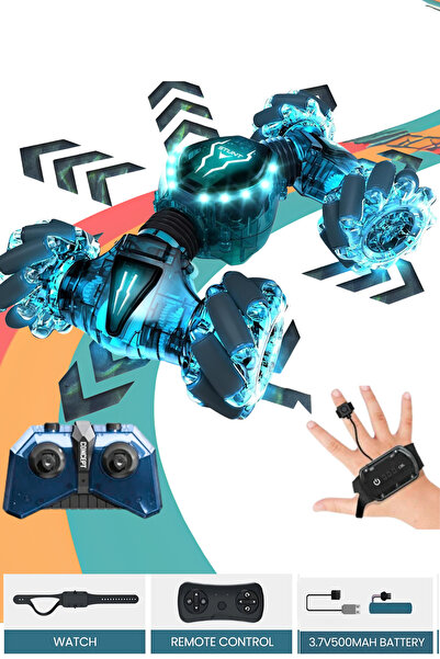 welcomein Oyuncak 2.4 GHz Bilekten ve Uzaktan Kumandalı Işıklı 4X4 Çift Kumandalı Akrobat Araba Şeffaf Model