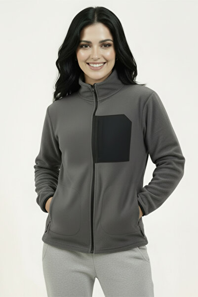 Veleno Füme Kadın Softshell Anti Peeling Polar Ceket 3 Cepli Tam Fermuarlı Ön Parça Detaylı