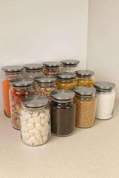 LİNGO HOME 12 Pieces 3 Different Large Size Vacuum Metal Lid Jars - Storage Container Set -1300-1100-850 ml