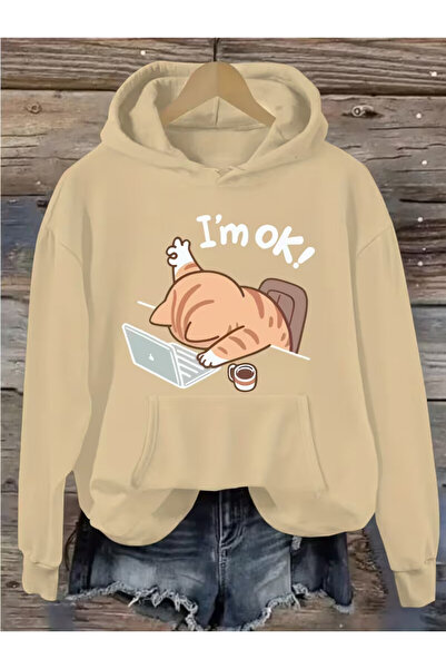 Trendy Sun سترة عصرية مع عبارة 'أنا بخير!' على الواجهة وطباعة قطة مضحكة - ستر...