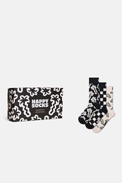 Happy Socks Erkek Siyah ve Beyaz Desenli 3’lü Çorap Hediye Seti
