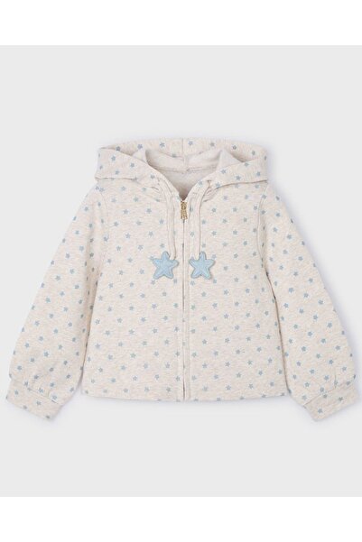 Kyex Girl's Sky Blue Star Patterned Hooded Zippered Soft Inside Sh Fleece-Lined Sweatshirt Cardigan