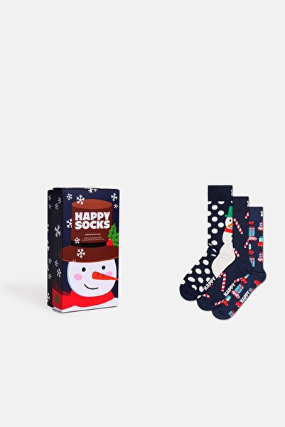 Happy Socks Erkek Lacivert Kardan Adam Temalı Pamuklu 3’lü Çorap Seti