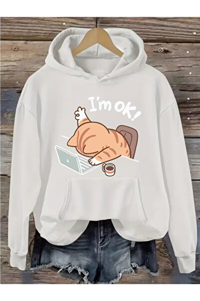 PENTHİLUS سترة عصرية مع عبارة 'أنا بخير!' على الواجهة وطباعة قطة مضحكة - سترة...