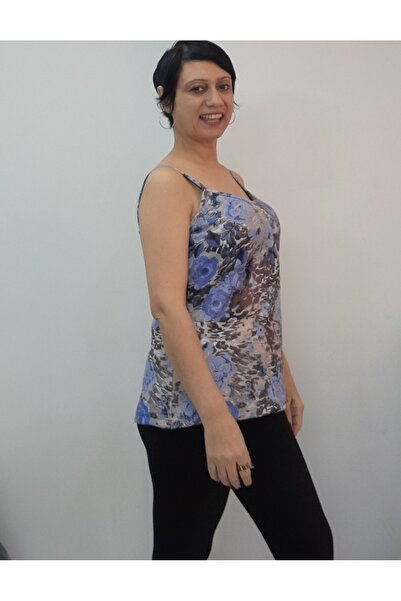 Mertcan Butik Blue Black Cream Floral Patterned Rope Strap Combed Cotton T-Shirt