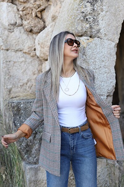 bytugcekaya Mustard Lined Houndstooth Blazer