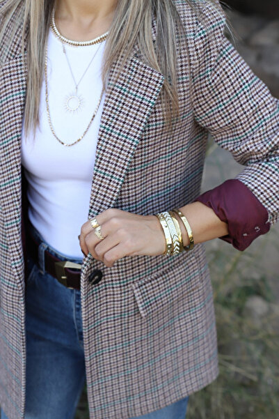 bytugcekaya Green Burgundy Lined Houndstooth Blazer