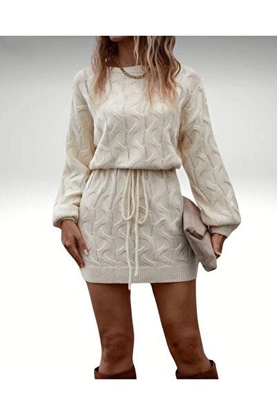 GNY TEXTİLE Sarma Patterned Lace-Like Knit Off-The-Shoulder Model Waist-Tied Knitwear Dress