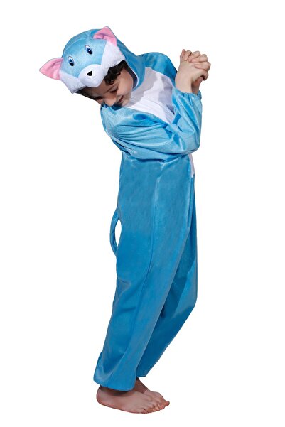 Toybox Kids Blue Cat Costume Jumpsuit with Hood, Animal Fancy Dress, Party Outfit, Size M(4-5 Years)
