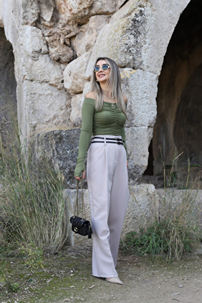 bytugcekaya Light Khaki Off-The-Shoulder Gathered Blouse