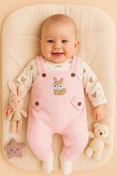 Baby Breeze Bebek Kız 3'lü Tulum Takımı Salopet Ve Çorap Seti Tavşan Desenli ...