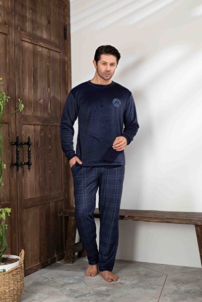 Tarık Men's Navy Blue Plaid and Square Pattern Long Sleeve Father-Son Velvet Fabric Winter Warm Pajama Set
