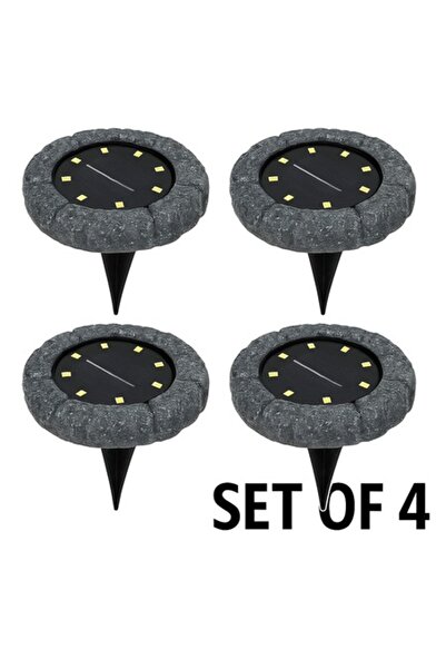 OEM Σετ 4 ηλιακών λαμπτήρων από πέτρα, Ø11x2cm, 8 LED, για γκαζόν και μονοπάτ...