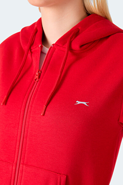 Slazenger Milio I Women's Zippered Hooded Pocket Red Sweatshirt