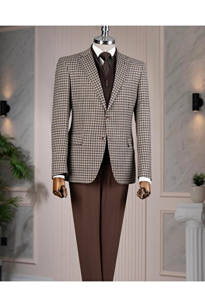 TerziAdemAltun Italian Style S Slim Fit Mono Collar Houndstooth Pattern Men's Jacket Beige T15052