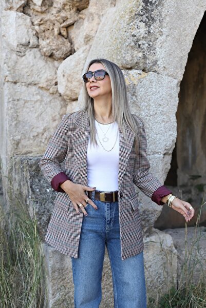 bytugcekaya Green Burgundy Lined Houndstooth Blazer
