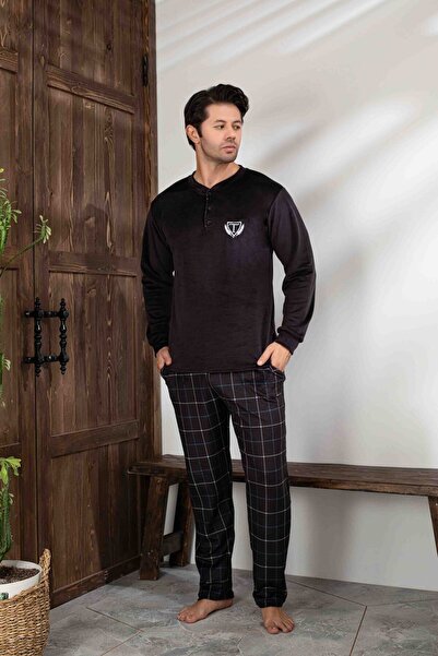 Tarık Men's Black Plaid and Square Pattern Long Sleeve Father-Son Velvet Fabric Winter Warm Pajama Set
