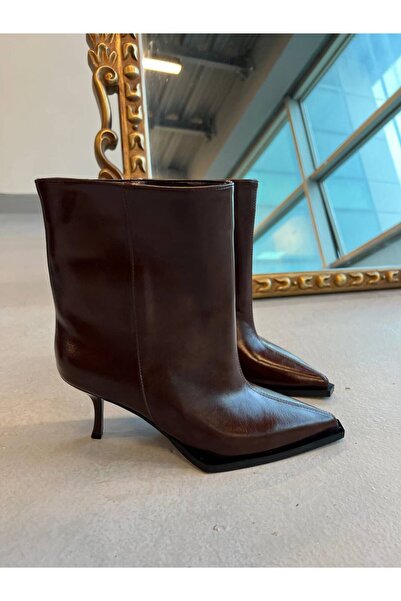 cevaplus Bitter Coffee Leather Pointed Toe Women's Heeled Boots