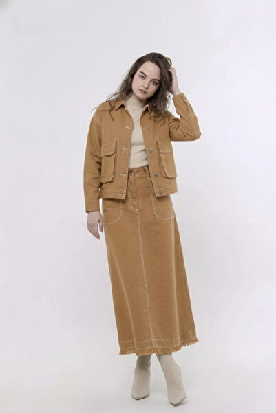 Atölye Güven Women's Green Tasseled Gabardine Jacket Skirt Two-Piece Set