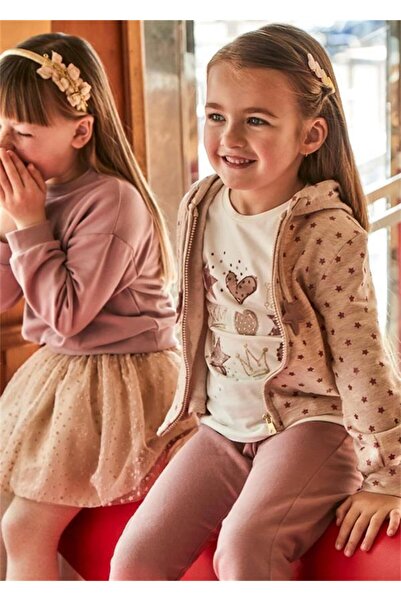 Kyex Girl's Powder Star Patterned Hooded Zippered Soft Inside Sh Fleece-Lined Sweatshirt Cardigan