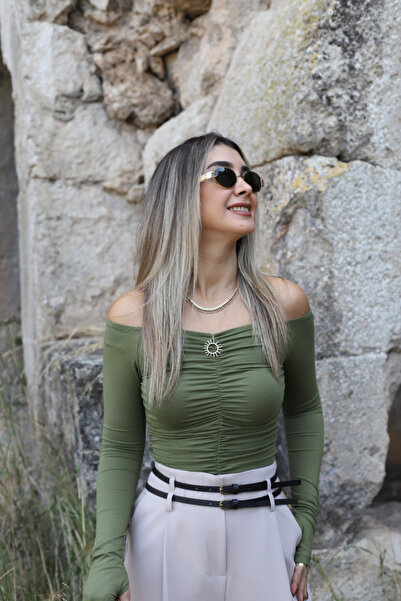 bytugcekaya Light Khaki Off-The-Shoulder Gathered Blouse