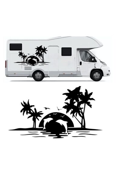 EYBA STİCKER Palm Tree And Dolphins Camping, Caravan Sticker 120x66 cm Black