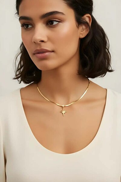 Clariss Çelik Zincir Gold Renk Kutup Yıldızı Model Kadın Kolye