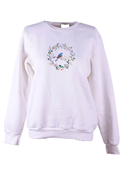 trender 26Kl71S95006 Ecru Women's Sweatshirt Blue Flower Printed