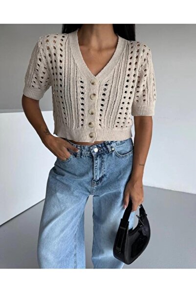 GNY TEXTİLE Lace-Like Knit Pattern Short Sleeve Button Detail 100% Cotton Crop Cardigan