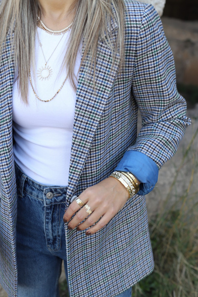 bytugcekaya Blue Lined Houndstooth Blazer