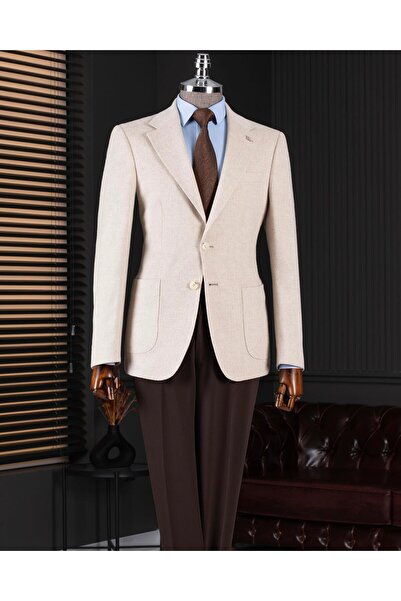 TerziAdemAltun Italian Style S Slim Fit Mono Collar Men's Single Jacket Beige T14802