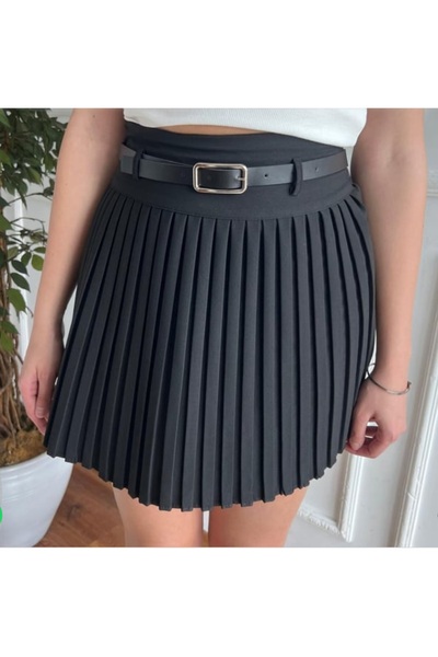 DİMA Atlas Fabric Pleated Skirt with Belt Detail and Shorts