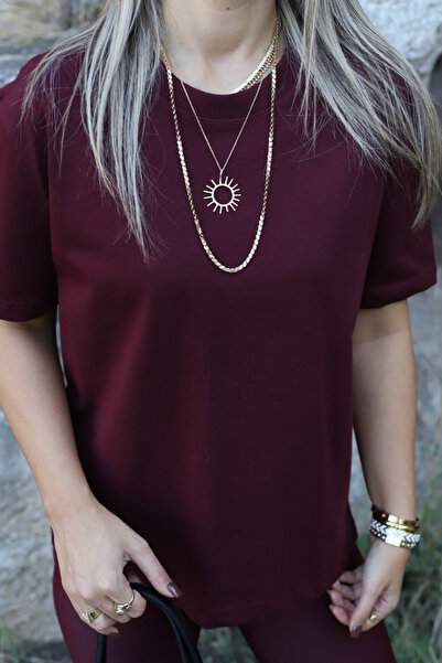 bytugcekaya Burgundy Decorative Collar Casual T-Shirt