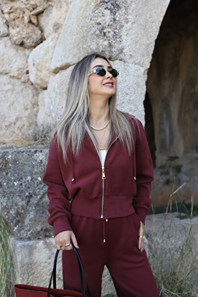 bytugcekaya Burgundy Hooded Knitwear Set