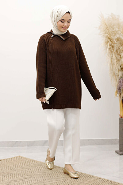 Tesettür Dünyası Zipper Detailed Knitwear Tunic Tsd250254 Brown
