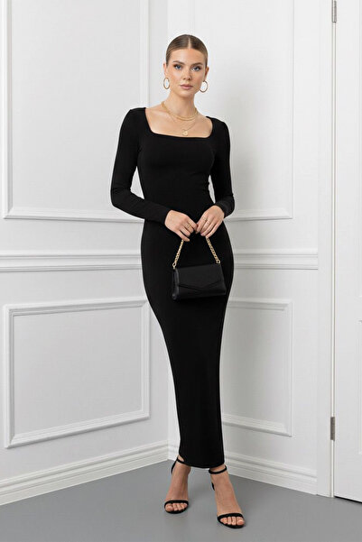 BEQA Siyah Kare Yaka Likralı Rahat Şık Uzun Kollu Elbise