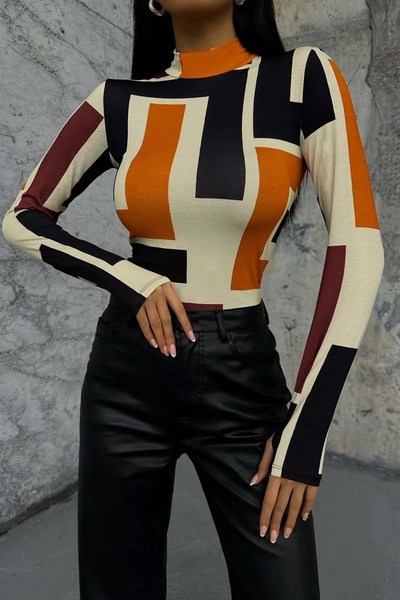 Yefrastore Women's Orange Long Block Patterned Body with Finger Detail