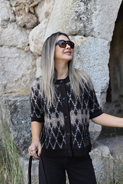 bytugcekaya Καφέ Πλεκτή Ζακέτα Στάνταρ Μέγεθος με Βακλαβά Υφή