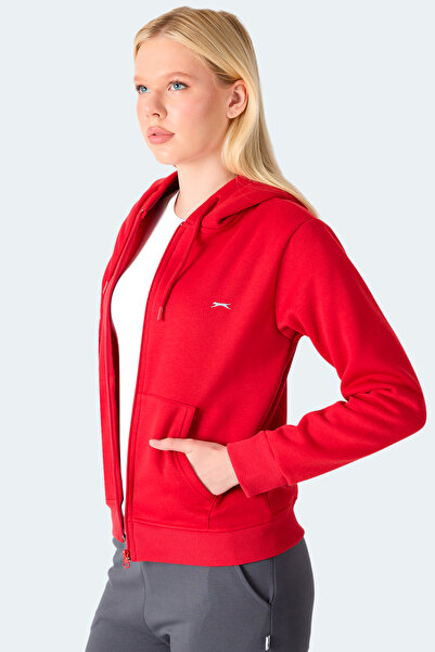Slazenger Milio I Women's Zippered Hooded Pocket Red Sweatshirt