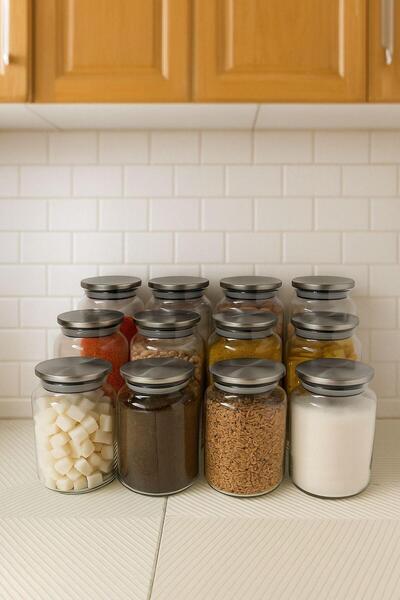 LİNGO HOME 12 Pieces 3 Different Large Size Vacuum Metal Lid Jars - Storage Container Set -1300-1100-850 ml