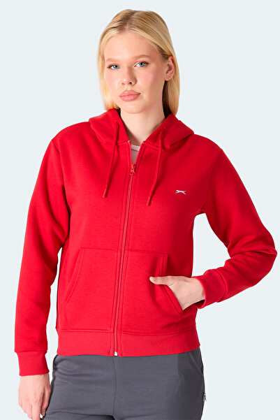 Slazenger Milio I Women's Zippered Hooded Pocket Red Sweatshirt