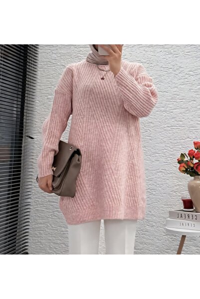 Vaniza Embossed Asymmetrical Striped Knitwear Tunic Sweater